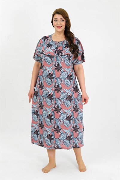 modaserdem Mdsrdm Women's Plus Size Short Sleeve Salmon Mother Nightgown 1377