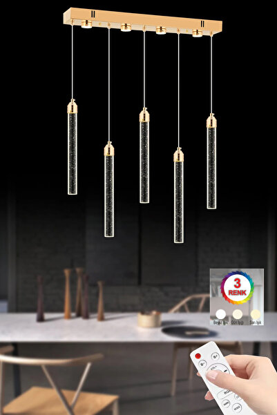 İstanbul Avize İstanbul Avize Yemek Masası Rosa 5'li Gold Kumandalı Üç Renk Led Lüx Modern Ledli Avize