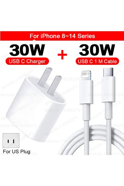 Choice شاحن سريع 2 في 1 من الولايات المتحدة (سلسلة 8-14) PD 30 وات لهاتف Apple iPhone 14 11 12 13 15 16 Pro Max