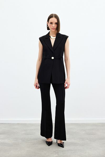Sateen Long Vest with Buckle Detail - Black