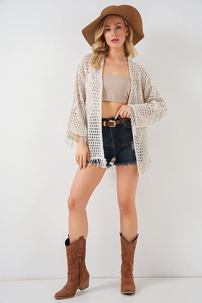Bigdart 15857 Cardigan supradimensionat cu ajurat/găuri - piatră