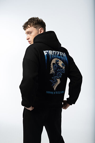 Nhara Unisex Oversize Kapüşonlu Siyah Pamuklu Sweatshirt – Frozen