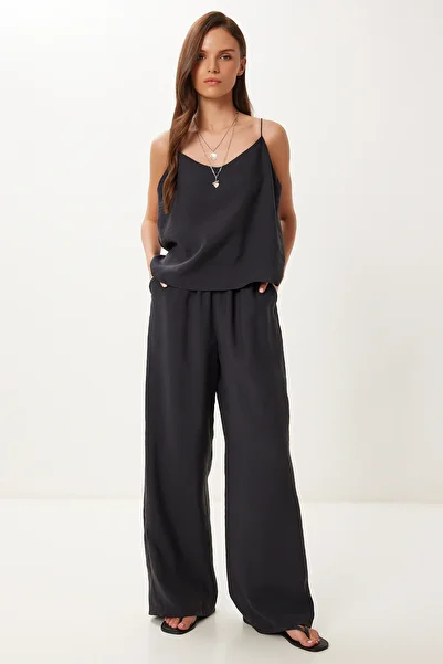 Lovelyİstanbul Set pantaloni bluză modal cu bretele NEGRU LRV0108