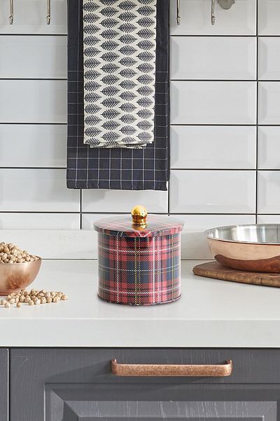 EVLE Ef142-ı3 Plaid(EKOSE) Patterned Round Metal Storage Container 14 Cm