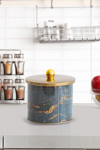 EVLE Ef142-h8 Rock And Gold Patterned Round Metal Storage Container 14 Cm