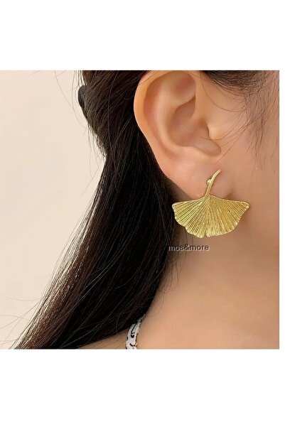 mos&more Kızılcık Şerbeti Gold Yaprak Gingko Küpe Vintage