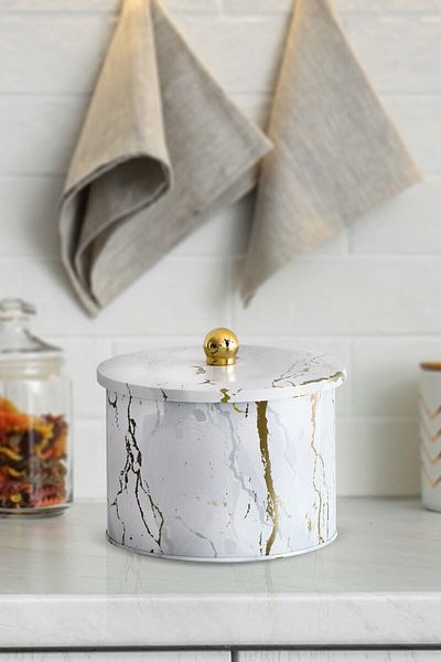 EVLE Ef145-51 Marble White Patterned Round Metal Storage Container 17.5 Cm