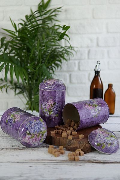 EVLE Efb0428- Flower Purple Patterned Cylinder Metal Storage Container 10.5 Cm