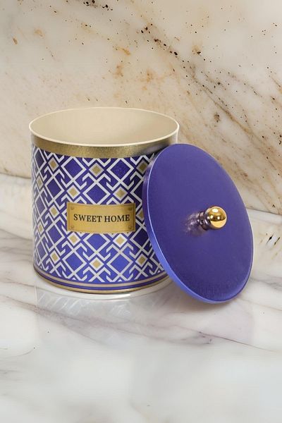 EVLE Ef147-93 Turkish Blue_swt Home Patterned Round Metal Storage Container 17.5 Cm