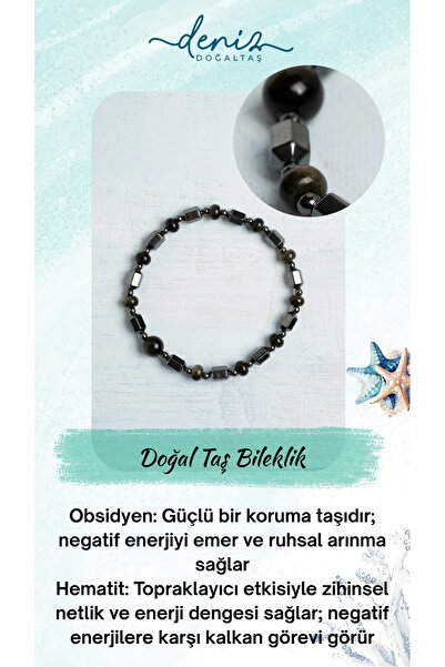 Deniz Doğal Taş Sertifikalı Obsidyen ve Hematit Doğal Taş Bileklik