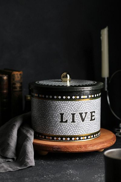 EVLE Mosaic Patterned Round Metal Storage Container 14 Cm, Food Container - Organizer 17.5 Cm X 13 Cm Er145-9d