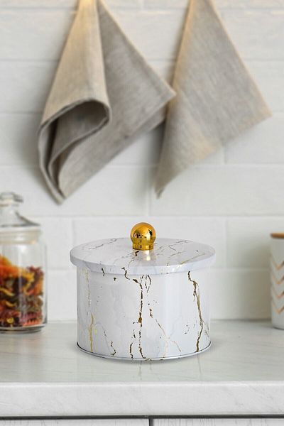 EVLE Ef141-51 Marble White Patterned Round Metal Storage Container 14 Cm