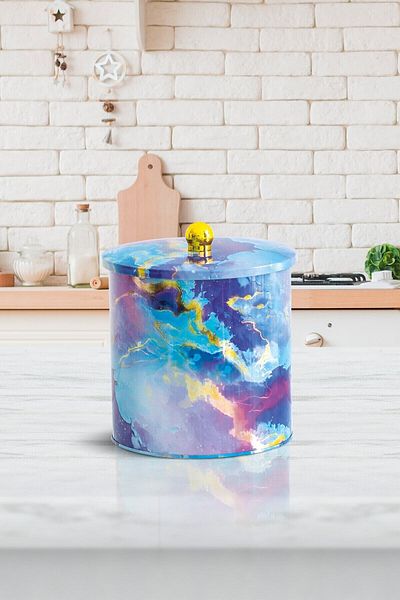 EVLE Ef143-f0 Liquid Purple Patterned Round Metal Storage Container 14 Cm