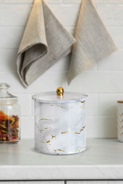 EVLE Ef147-51 Marble White Patterned Round Metal Storage Container 17.5 Cm