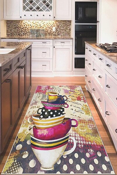 linazaitun Çok Renkli Fincan Desenli Yıkanabilir Kaymaz Taban Leke Tutmaz Mod...