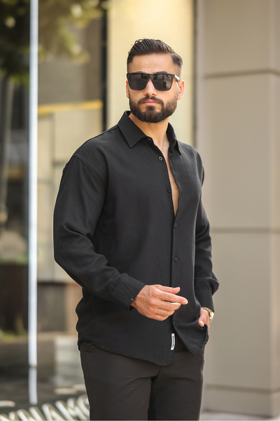 çerme Men's Black Oversize Shirt Lapel Long Sleeve Linen Summer Shirt