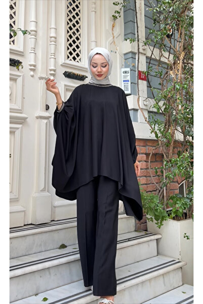 nodilife Kol Düğmeli Salaş Tunik Takım Siyah