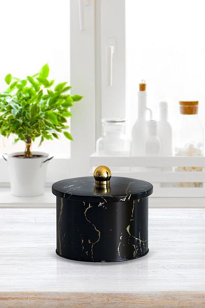 EVLE Ef141-50 Marble Black Patterned Round Metal Storage Container 14 Cm