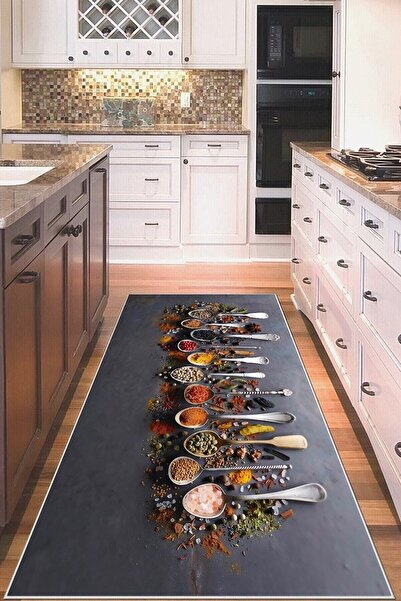 linazaitun Gri Zemin Baharat Desenli Yıkanabilir Kaymaz Taban Leke Tutmaz Mod...