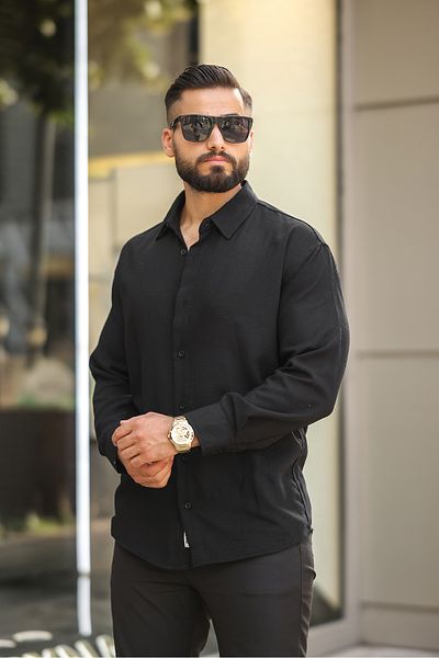 çerme Men's Black Oversize Shirt Lapel Long Sleeve Linen Summer Shirt