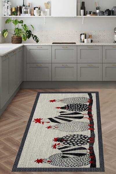 linazaitun Horoz Desenli Hasır Zemin Görünümlü Dijital Baskılı Kaymaz Yıkanab...