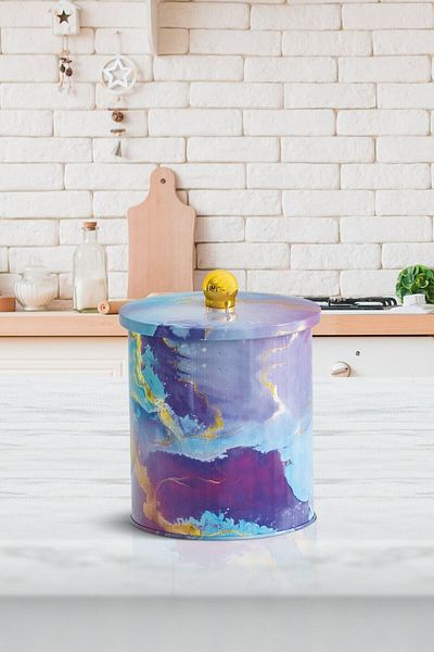EVLE Ef147-f0 Liquid Purple Patterned Round Metal Storage Container 17.5 Cm