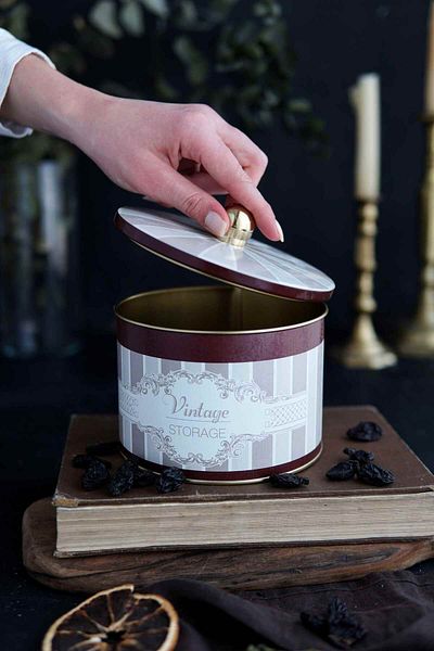 EVLE Elegance Patterned Round Metal Storage Container 14 Cm, Food Container - Organizer 17.5 Cm X 13 Cm Er145-8b