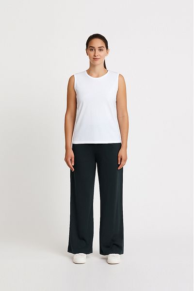 Cottonland Women's Katia Draped Wide Leg Elastic Waist Elastane Combed Cotton Trousers Smoked