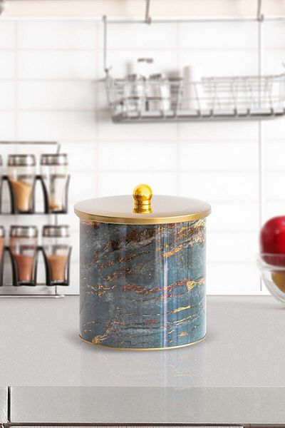 EVLE Ef147-h8 Rock And Gold Patterned Round Metal Storage Container 17.5 Cm