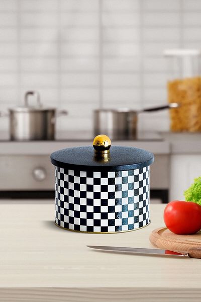 EVLE Ef141-g8 Checkers Black Patterned Round Metal Storage Container 14 Cm