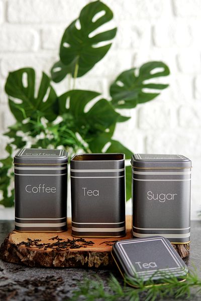 EVLE Metal Tea, Coffee, Sugar Storage Box Set of 3 8.7 X 8.7 X 12.5 Cm, Silver Erb258z