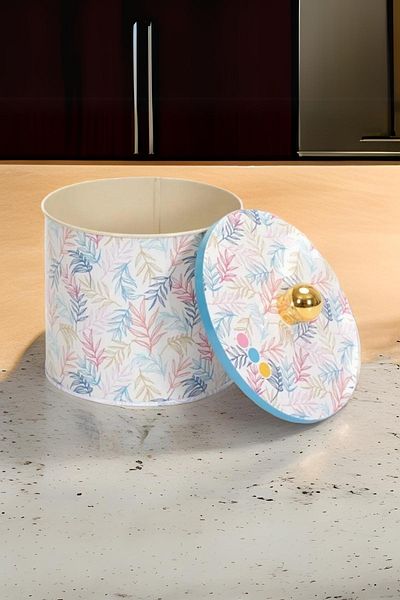 EVLE Ef142-42 Leaf 1 Patterned Round Metal Storage Container 14 Cm