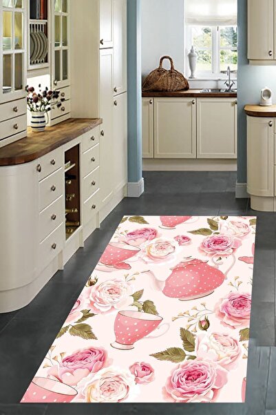 linazaitun Çaydanlık Fincan Desenli Çiçekli Dijital Baskılı Kaymaz Taban Yıka...