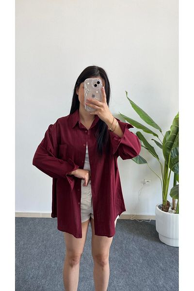 Shiron Sportswear&Company Cămașă de lux de calitate Claret Red pentru femei, cu umăr jos, oversize, cu buzunar din in