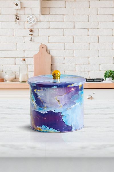 EVLE Ef142-f0 Liquid Purple Patterned Round Metal Storage Container 14 Cm