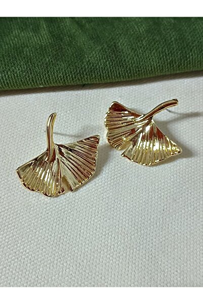mos&more Kızılcık Şerbeti Gold Yaprak Gingko Küpe Vintage