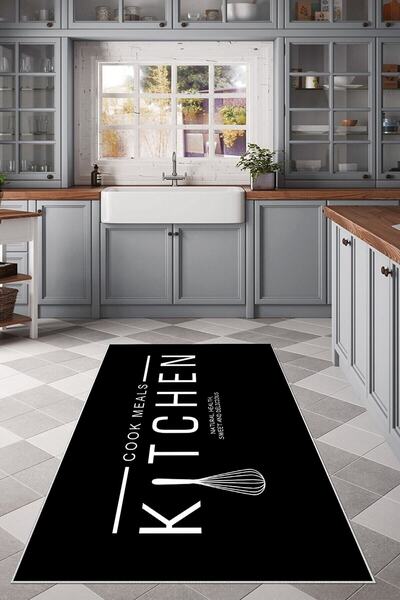 linazaitun Siyah Kithen Yazılı Yıkanabilir Kaymaz Taban Leke Tutmaz Modern Mu...