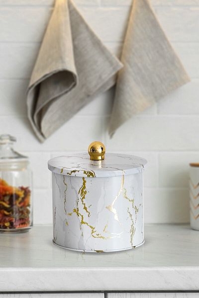 EVLE Ef142-51 Marble White Patterned Round Metal Storage Container 14 Cm