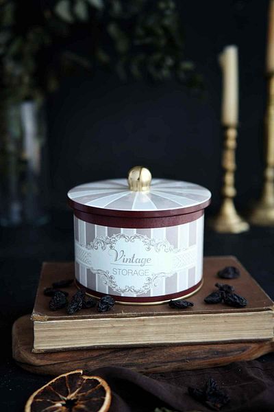 EVLE Elegance Patterned Round Metal Storage Container 14 Cm, Food Container - Organizer 17.5 Cm X 13 Cm Er145-8b