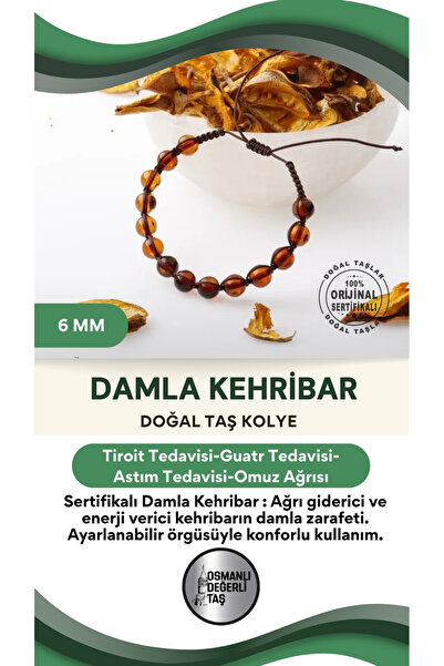 OSMANLI DEĞERLİ TAŞ Sertifikalı 6mm Damla Kehribar Ayarlanabilir Örgü Bileklik