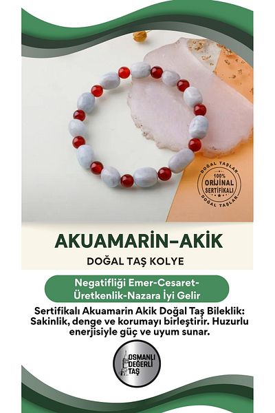 OSMANLI DEĞERLİ TAŞ Certified Special Design Aquamarine Agate Natural Stone Bracelet