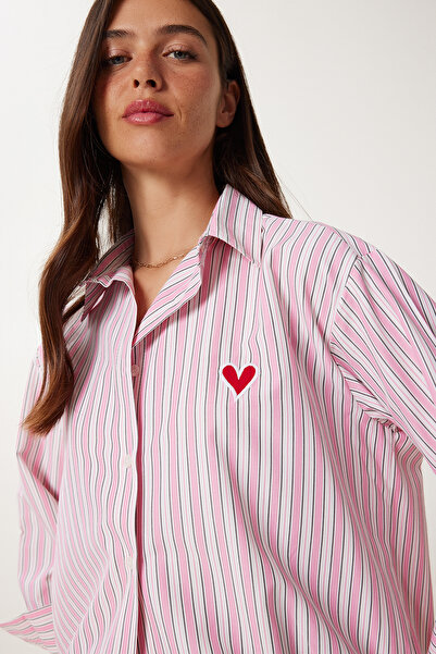 Lovelyİstanbul Szívre nyomott csíkos túlméretezett szőtt ing RÓZSASZÍN LDP0050