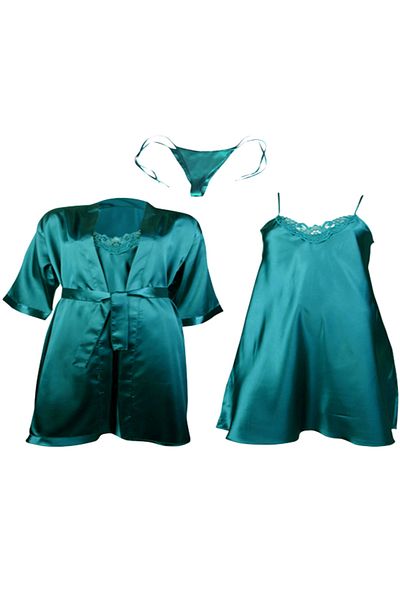 ZENCHES Satin Dressing Gown - Satin Nightgown - Panties Dowry Set