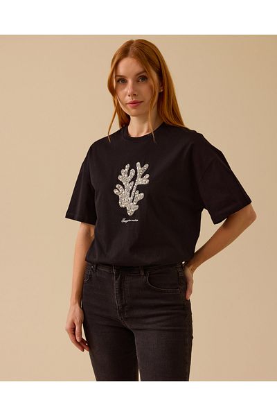 SEÇİL Women's Stone Detailed Printed T-Shirt - Black