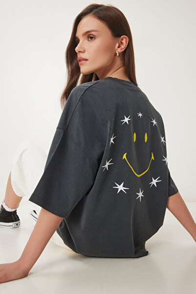 Lovelyİstanbul Baskılı Oversize Yıkamalı Örme T-shirt FÜME LCR0084