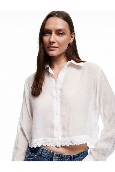 Koton Cămașă cu mânecă lungă cu guler clasic și detaliu broderie festonată