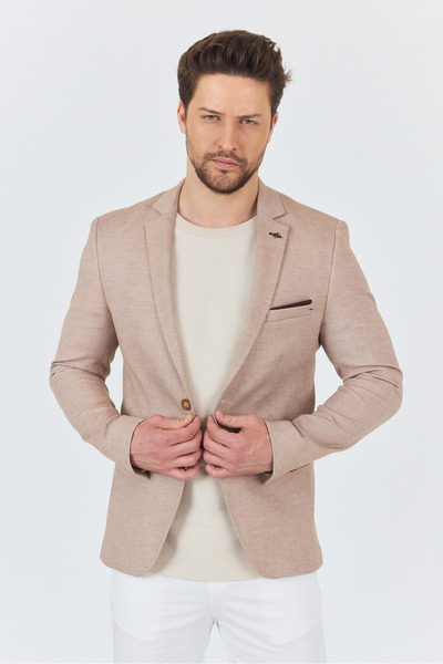 Frappoli Bruno Erkek Camel Keten Karışımlı Slim Fit Dar Kesim İlkbahar-Yazlık Spor Blazer Ceket