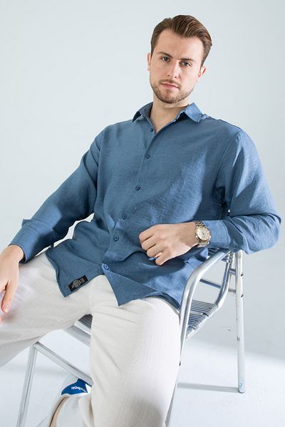 YXC Cămașă de in pentru bărbați, cu mâneci lungi, cu mâneci lungi, ușor de călcat, respirabilă, în 4 sezoane, cu potrivire relaxată, albastru