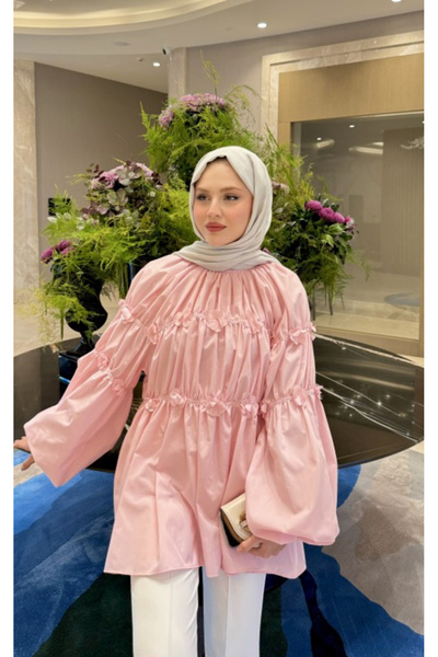 Bd Elay Butik Henza Minik Çiçek Detaylı Gömlek Pudra