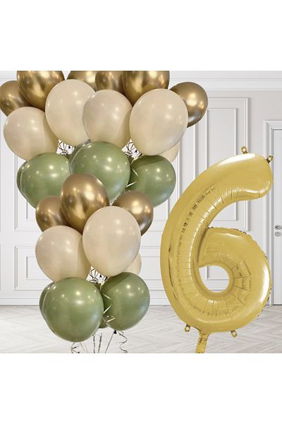tedaks 6 Years Old Retro Mildew Green Chrome Gold Sand Beige Balloon Set Gold Number Birthday Balloon Stylish Party Ornament